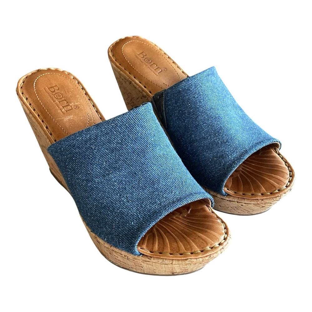 BORN Size 6 Blue Denim Western Slip-On Wedge Slide Sandals Platform Cork Heel